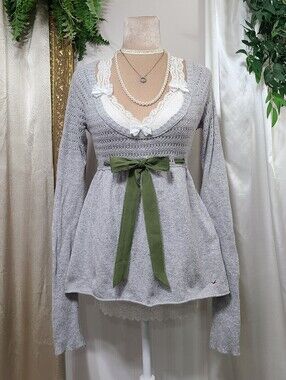 Vintage Hollister ♡ Y2K ♡ Rabbit Hair Knit Babydoll Sweater Grey W/ Green Bow